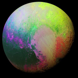 New Horizons scientists made this false color image of Pluto using a technique called principal component analysis to highlight the many subtle color differences between Pluto's distinct regions. The image data were collected by the spacecraft’s Ralph/MVIC color camera. Credits: NASA/JHUAPL/SwRI